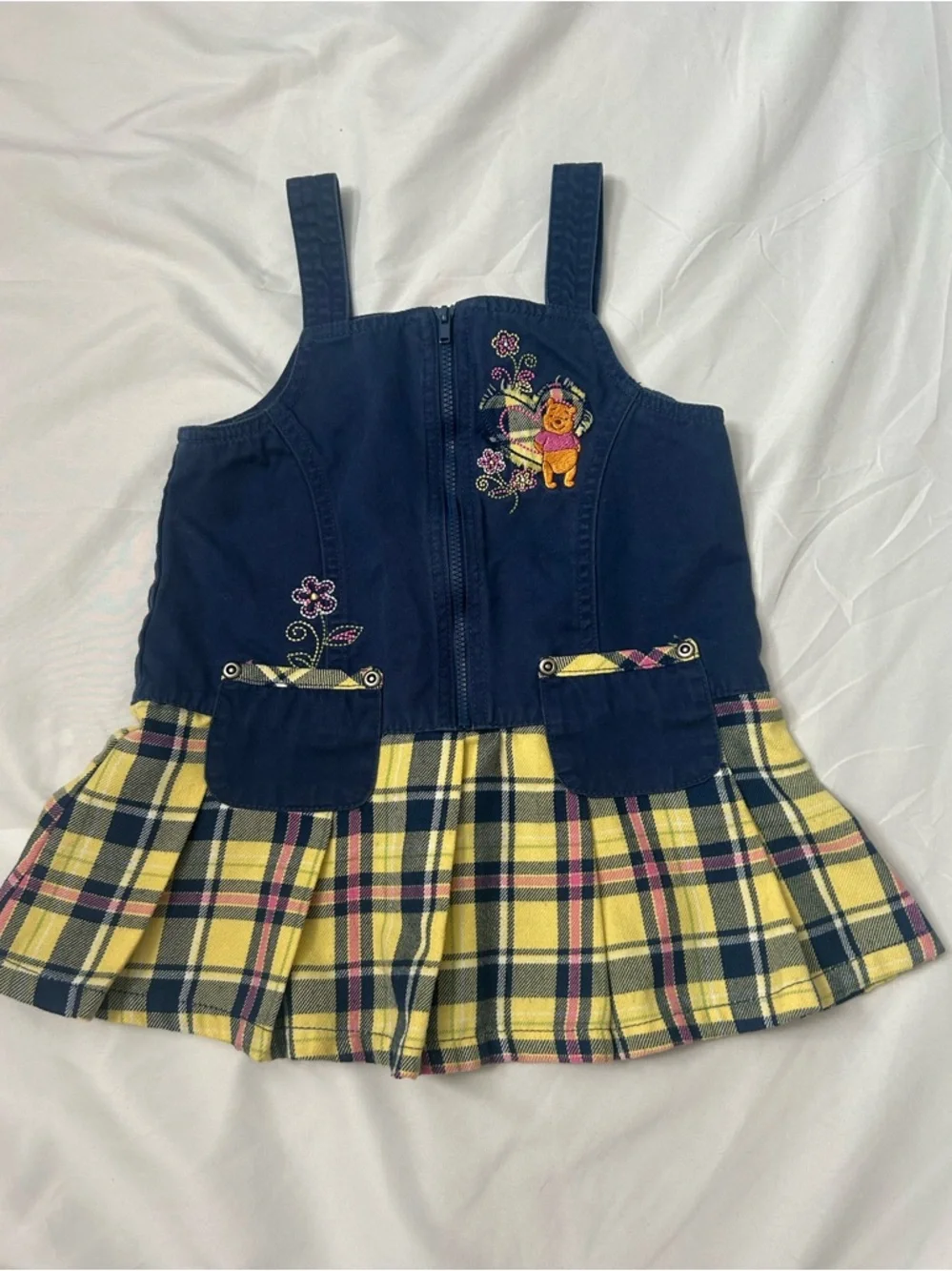90’s  Y2K Winnie the Pooh Peplum Dress Jumper Yellow Navy Embroidered Plaid 3T